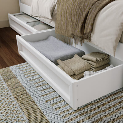 Mid-Century Modern Queen/King/Twin XL Storage Drawers in White - 30 degree angle - clean white neutral master bedroom roomsetting
