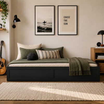 Black twin roll out trundle - Front view - green and black modern room setting