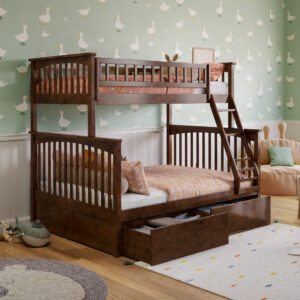 Columbia Twin over Full Ladder Bunk Bed with 2 Storage Drawers in Walnut 30 degree angle with drawers open - Roomsetting