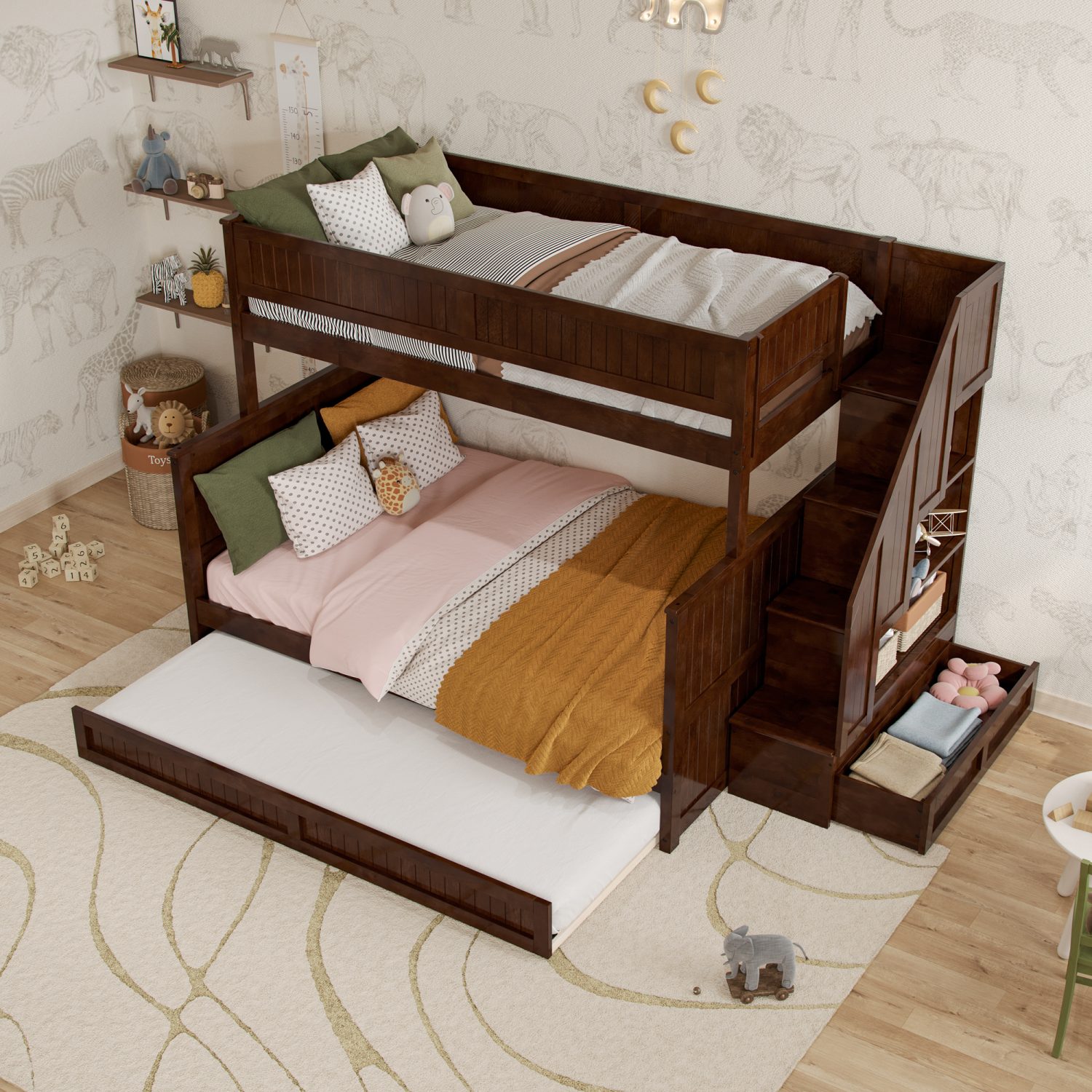 Dover Twin over Full Staircase Bunk Bed with Storage Drawer and Twin Trundle in Walnut- 45 Degree angle - trundle and drawer open - roomsetting