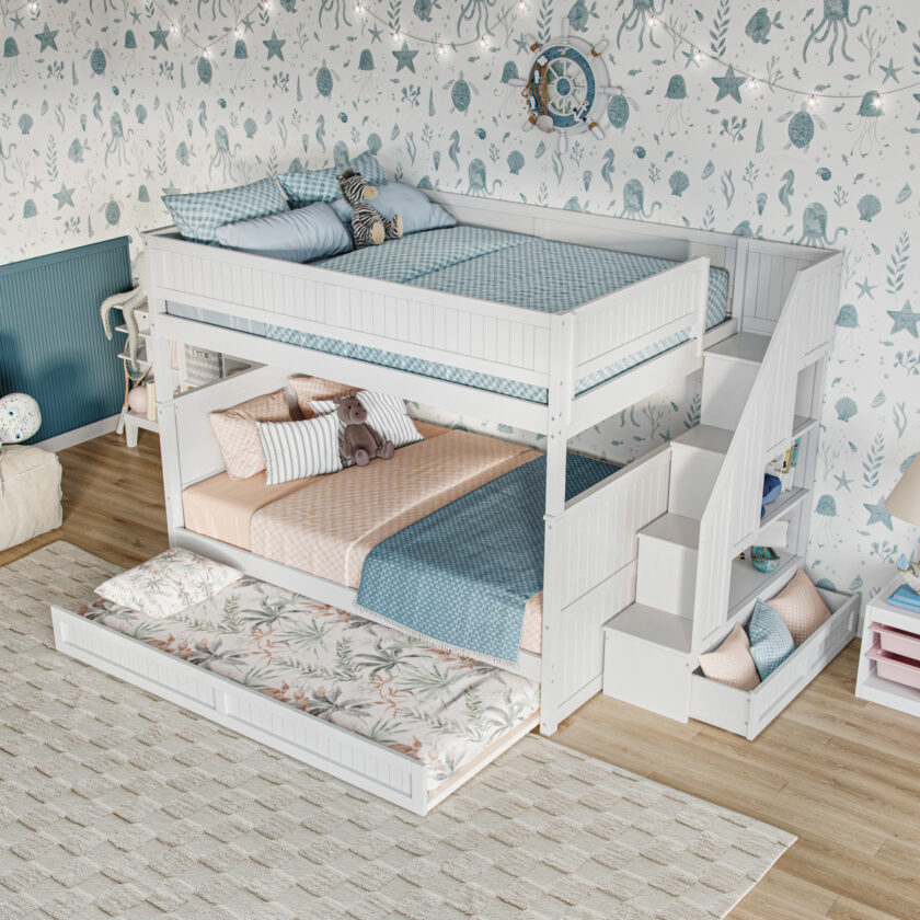 Dover Full over Full Staircase Bunk Bed with Storage Drawer and Twin Trundle in White - 45 Degree angle - trundle and drawer open - roomsetting