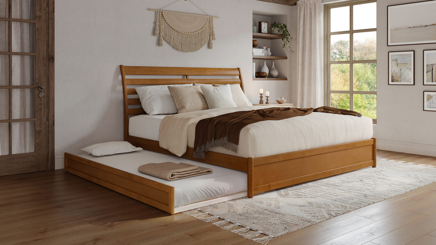 Light Toffee Wood bed with pull-out trundle extended in a warm bedroom