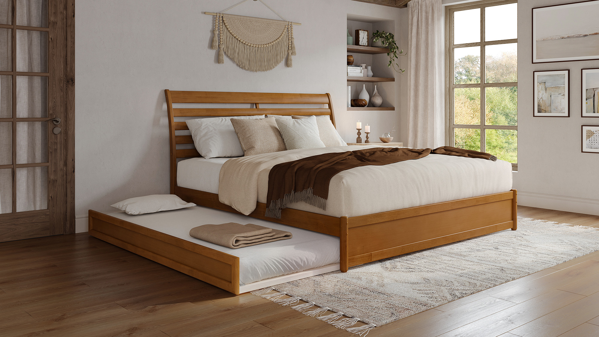 Light Toffee Wood bed with pull-out trundle extended in a warm bedroom