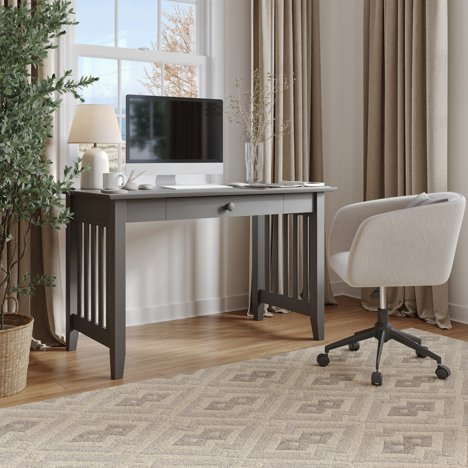 Mission Writing Desk with Drawer in Grey - 30 Degree angle with chair roomsetting