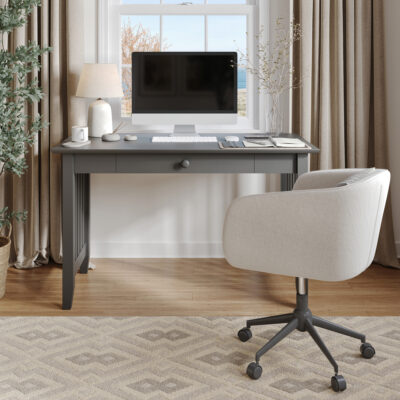 Mission Writing Desk with Drawer in Grey - Front view with chair - roomsetting