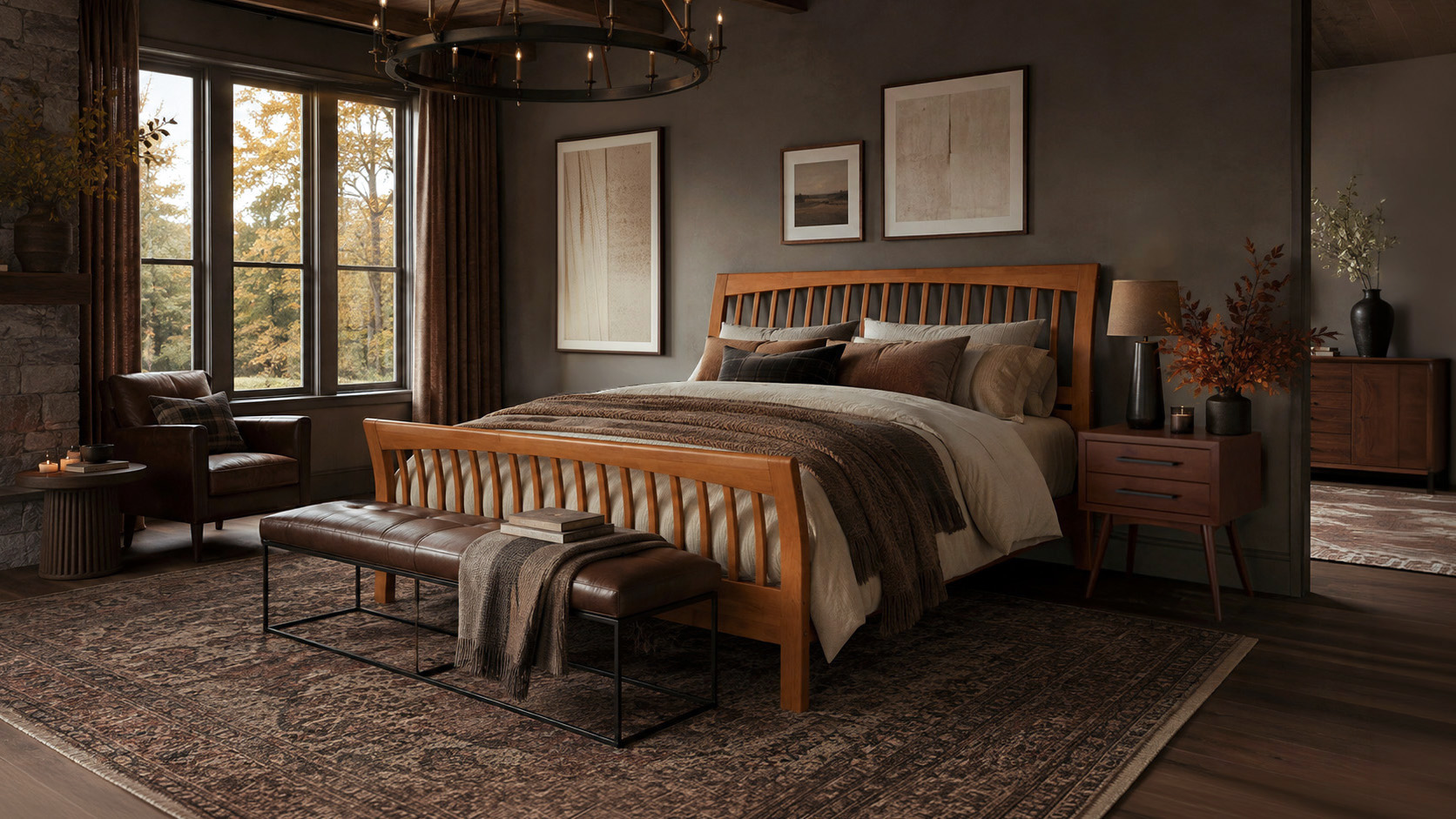 moody fall master bedroom