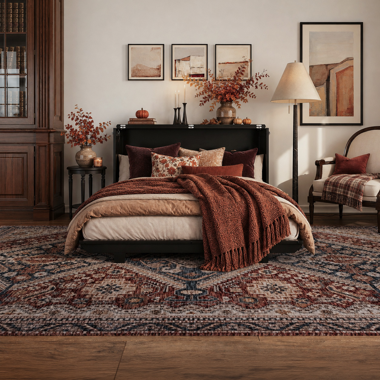 Open murphy bed chest - mattress styled with fall layered bedding - room decorated for fall