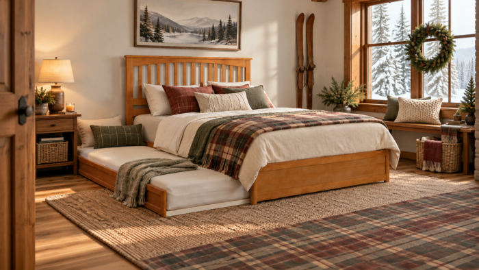Light toffee queen bed with pull-out trundle styled in a warm winter guest room.