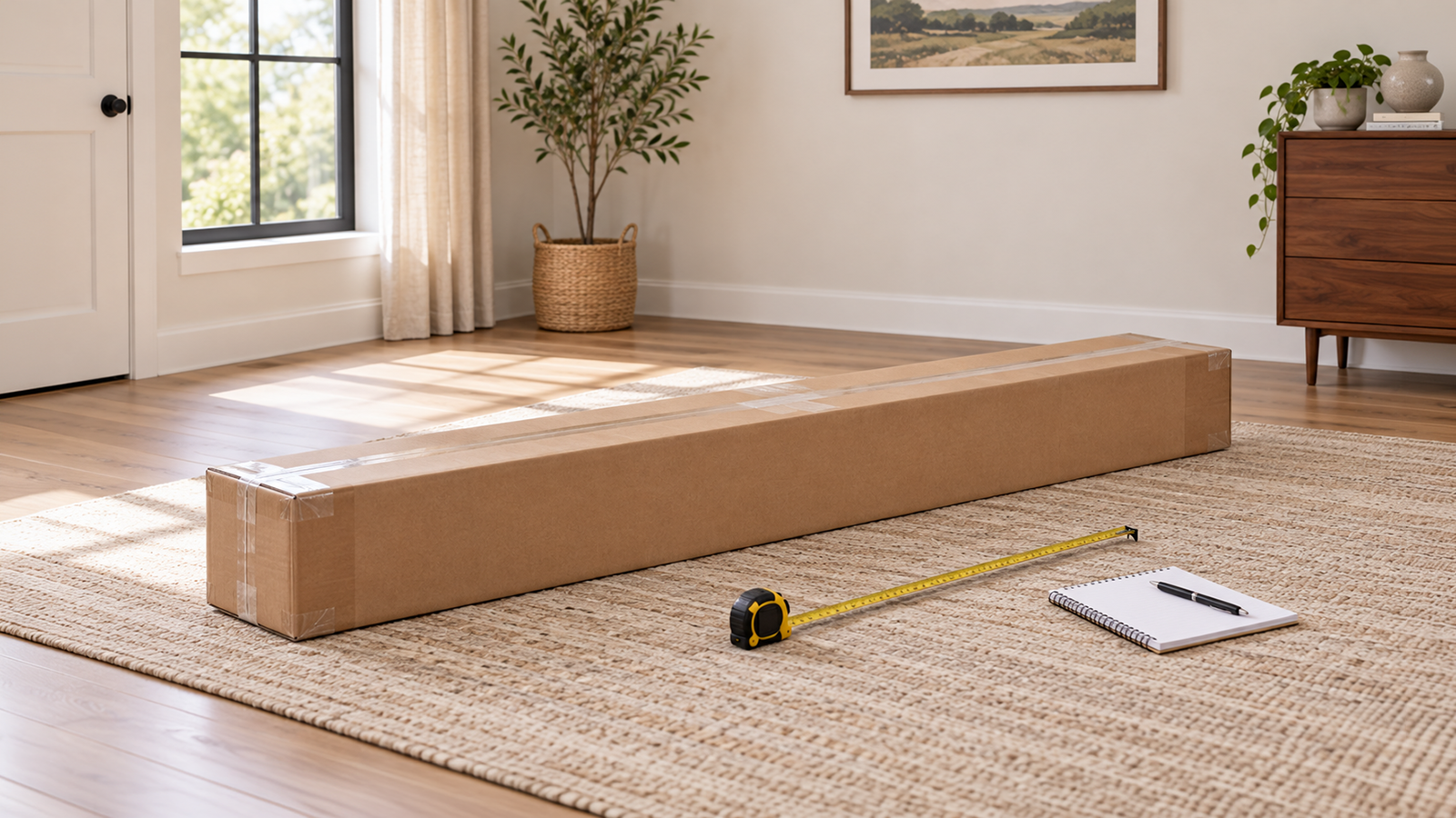 Furniture shipping carton with a tape measure for checking package dimensions before delivery.
