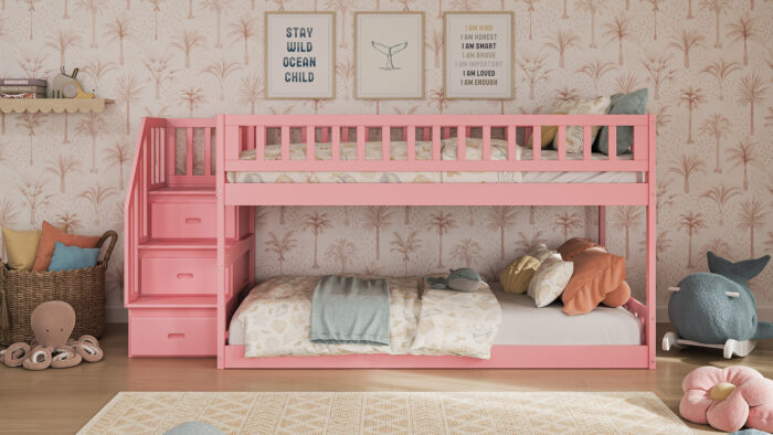 Pink malibu low profile staircase bunk bed with built-in storage styled in a children's bedroom.