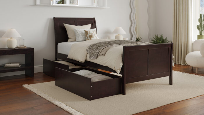 Dark wood storage bed with two under-bed drawers open in a neutral bedroom.