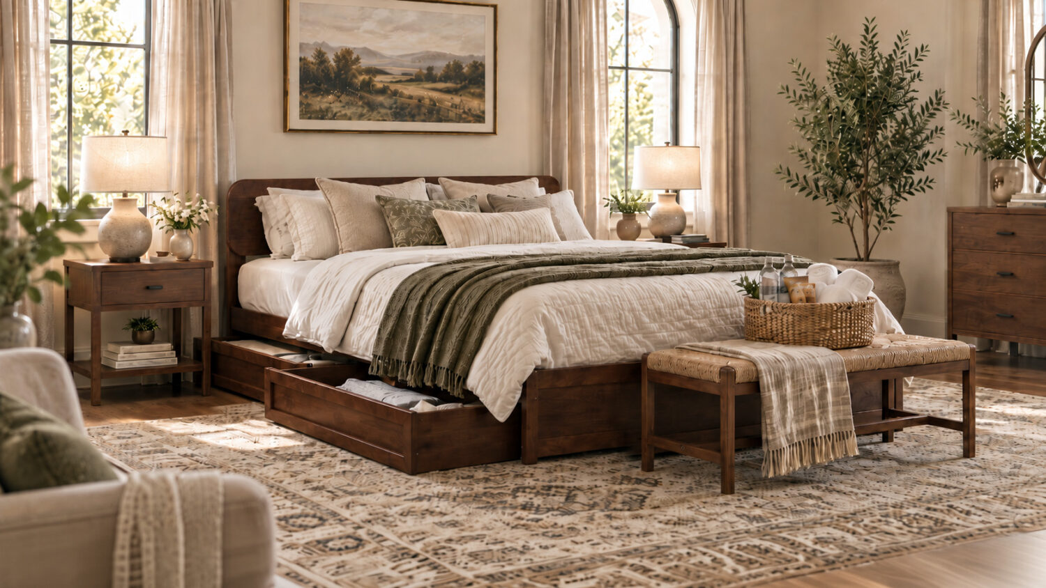 Walnut queen bed styled in a warm guest room with a woven basket of towels, water, and snacks.