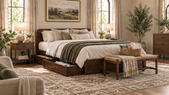 Walnut queen bed styled in a warm guest room with a woven basket of towels, water, and snacks.